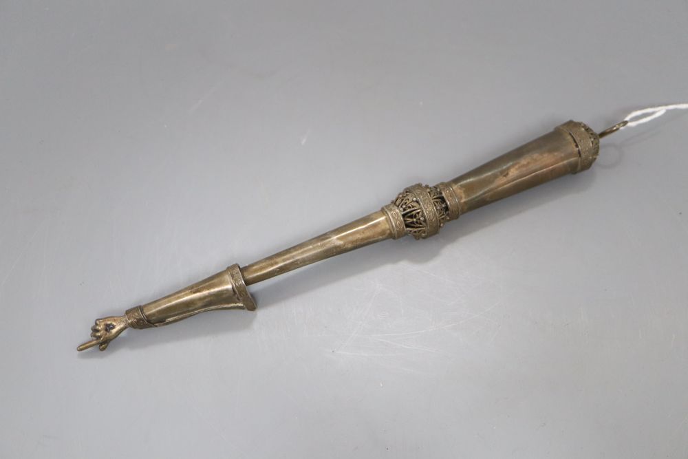 A late 19th century? Russian 84 zolotnik torah pointer, dated 1896?, marks rubbed, overall 25.8cm, 92 grams.